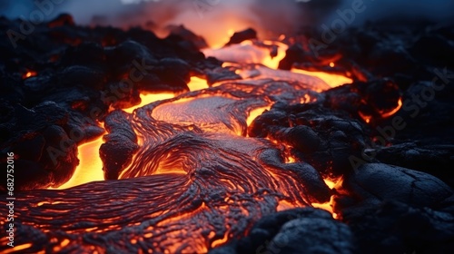 River of molten lava, Molten magma lava flowing from an active volcano.