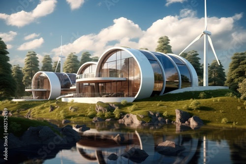 Futuristic house with wind turbines, Clean energy, Energy saving technology.