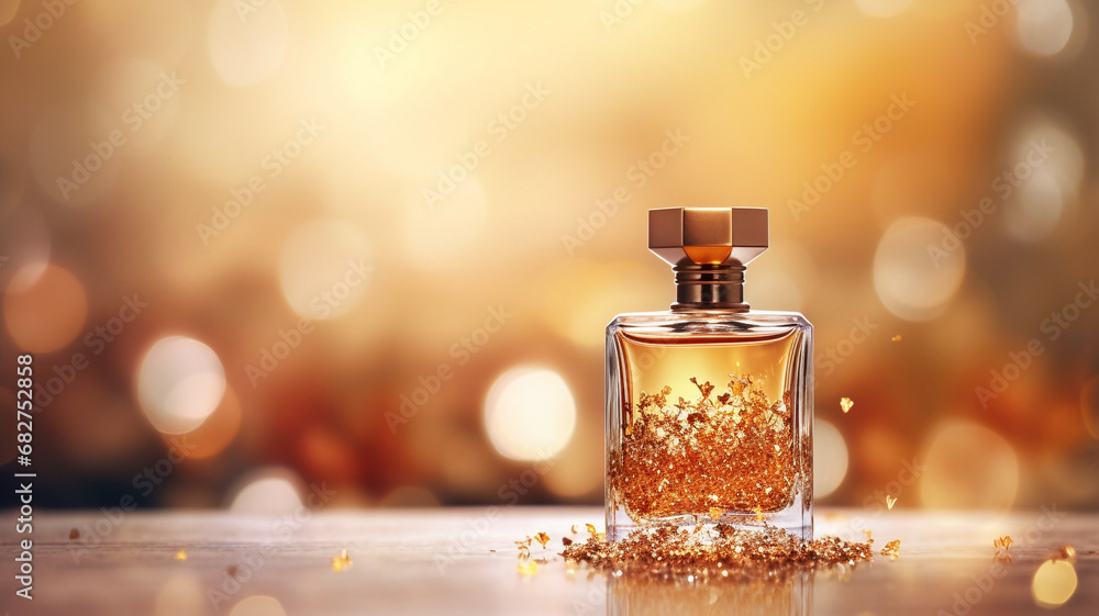 A elegant glass bottle of perfume with gold bogae blur background A elegant glass bottle of perfume with gold bogae blur background