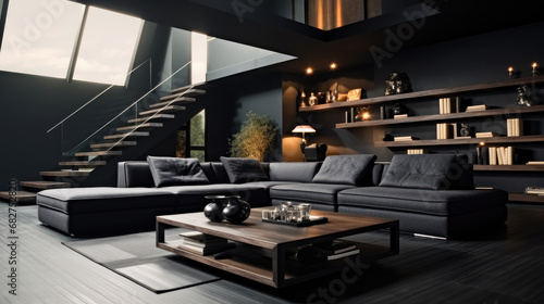 Modern home interior in black style, Luxury dark living room.