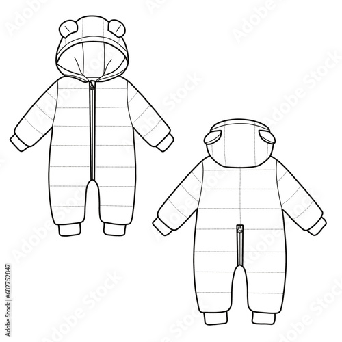 Infant snowsuit flat sketch vector illustration technical CAD drawing template. Baby outerwear warm winter-autumn clothes. Baby snowsuit design vector illustration.