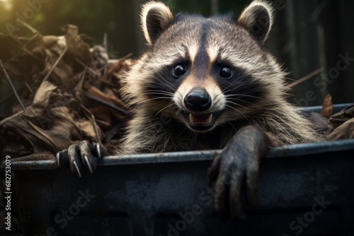 Prankster raccoons in a trash can looking for food close-up
