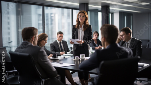 Businesswoman in leadership meeting at conference room in office photo