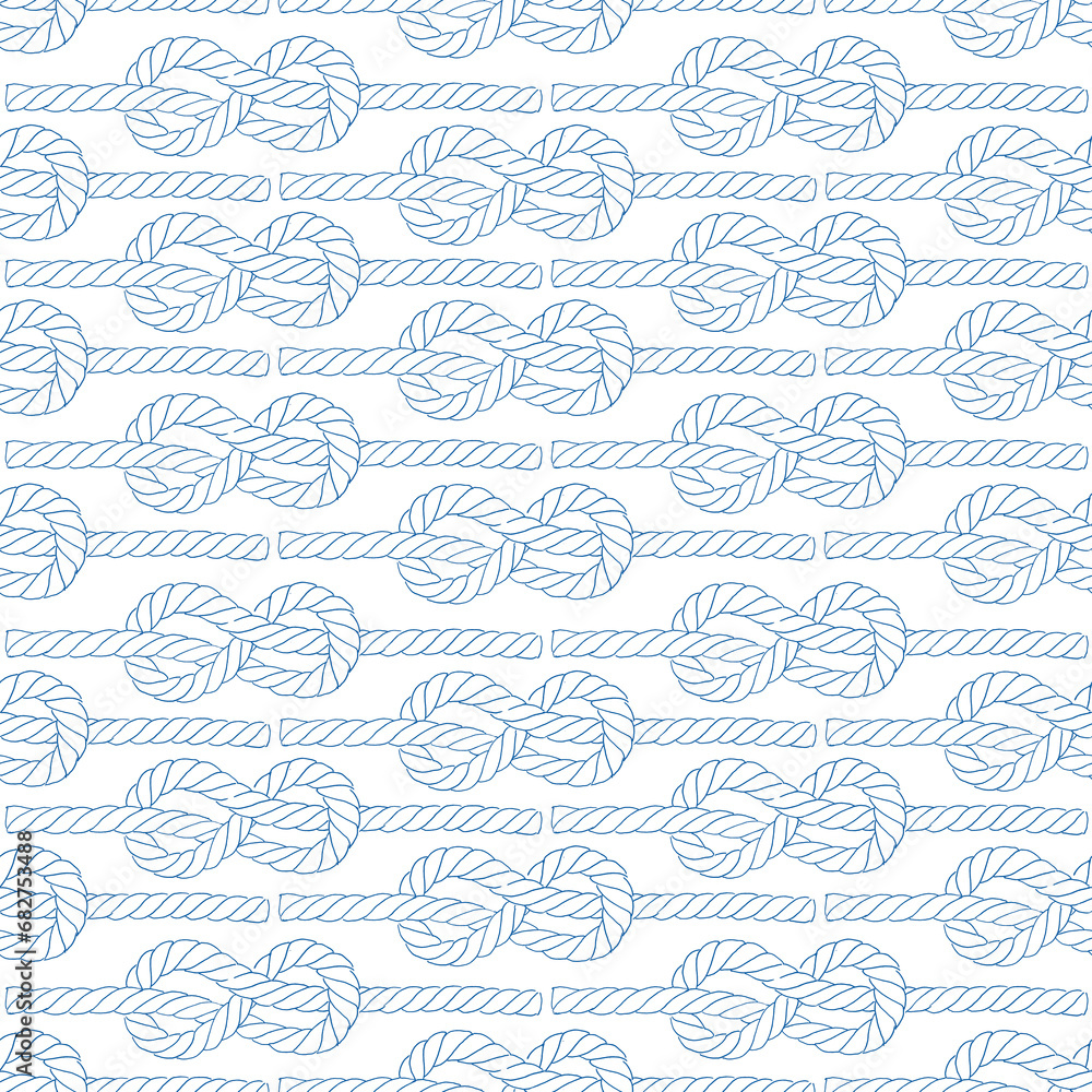 Seamless pattern of rope cords eight knots. Hand painted elements. Blue on white background. Hand drawn line illustration. Ropes with loop. Nautical thread whipcord.