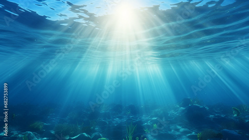 Beautiful blue ocean background with sunlight and undersea scene © Yuwarin