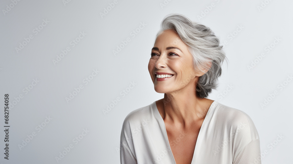 beautiful elderly senior model woman with grey hair laughing and smiling, Healthy face skin care beauty, skincare cosmetics on white background beautiful elderly senior model woman with grey hair laughing and smiling, Healthy face skin care beauty, skincare cosmetics on white background