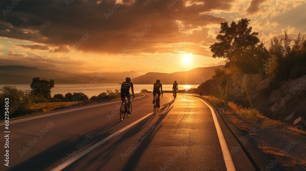 Back View of cyclists on the road During Sunset