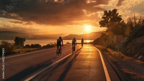 Back View of cyclists on the road During Sunset photo