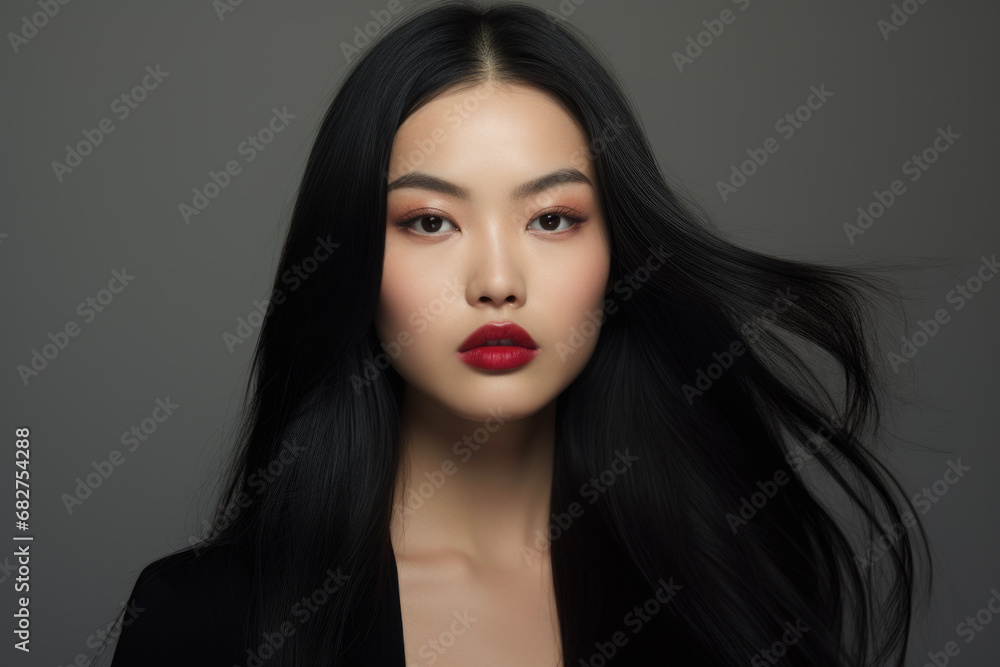 Portrait of a young beautiful Asian woman wearing red lipstick Portrait of a young beautiful Asian woman wearing red lipstick