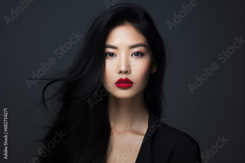 Portrait of a young beautiful Asian woman wearing red lipstick