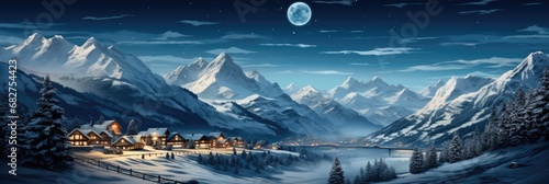Mountain landscape with ski resort in lights at night, Snow, Sky and moon in winter on Christmas.