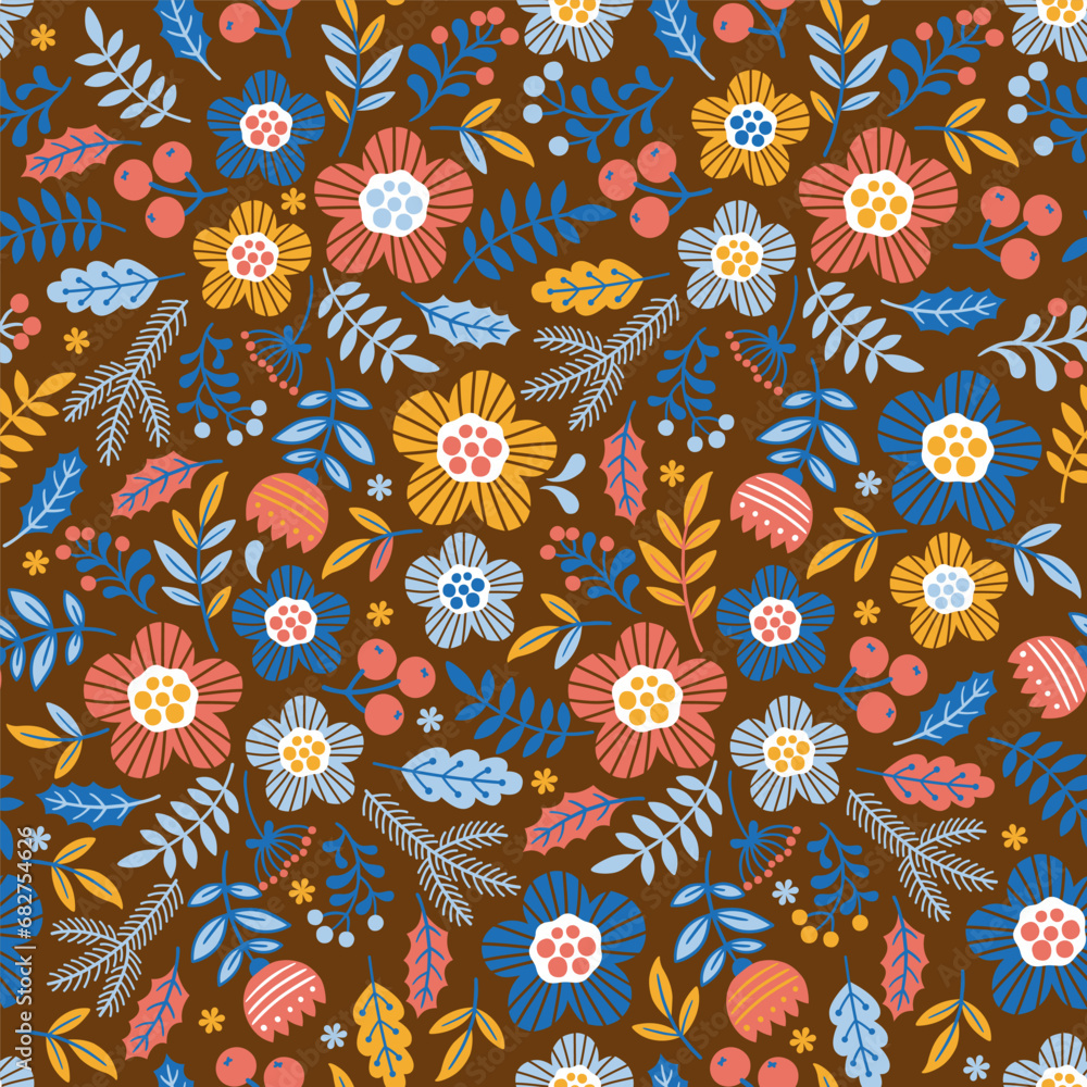 Seamless pattern of blossom meadow. Interweaving of stylized doodle flowers and branches on dark brown background Seamless pattern of blossom meadow. Interweaving of stylized doodle flowers and branches on dark brown background