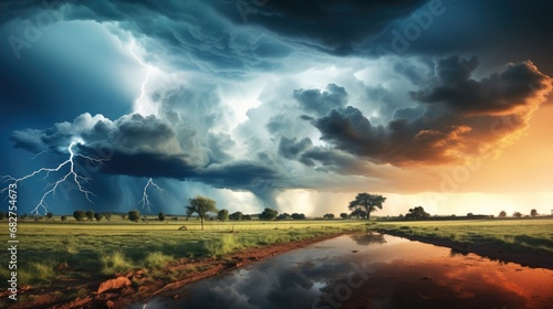 Lightning over beautiful summer meadow before storm, Summer rural landscape in rainy weather.