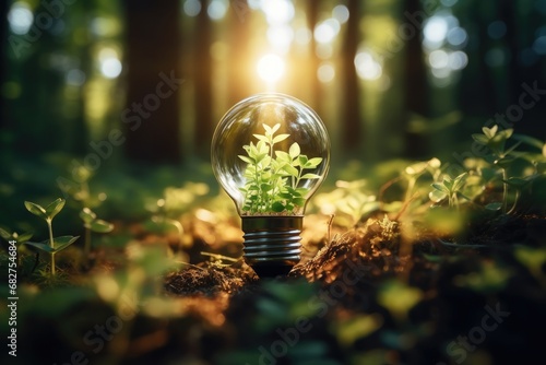Renewable energy source, Light bulb with plant in nature, Sustainable development concept.