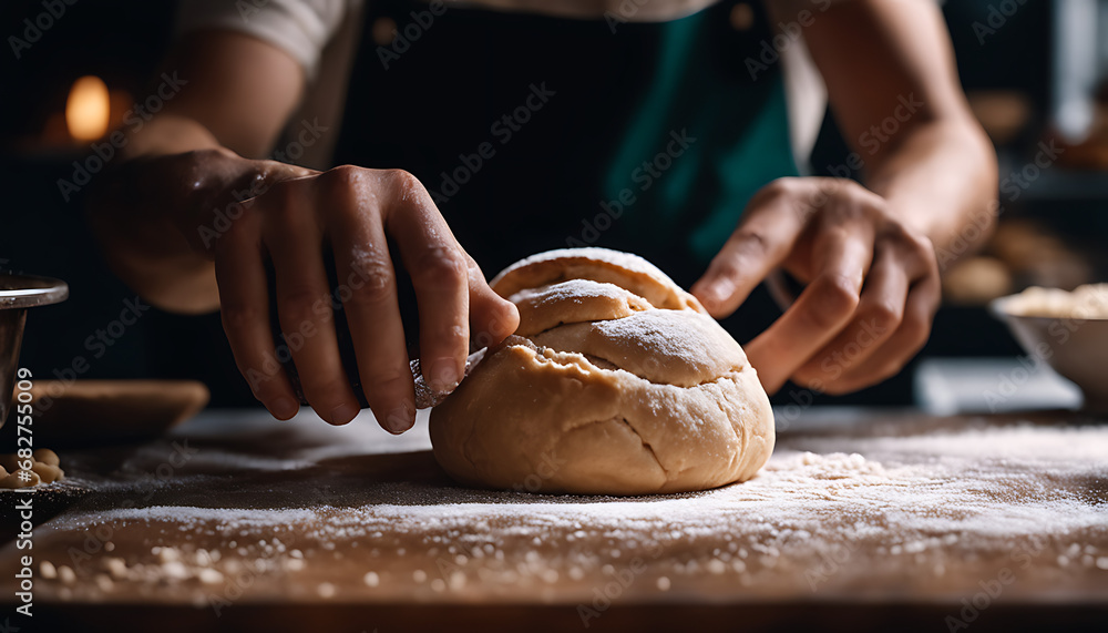 A close-up of hands working with dough at a bakery during baking a person kning dough on a table