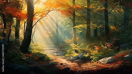 Colorful leaves in forest in sunlight