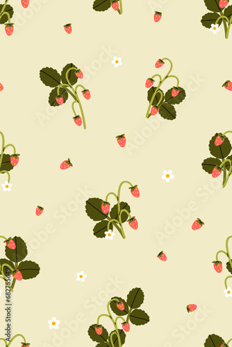 Strawberry branches and flowers, seamless pattern. Endless nature background ...