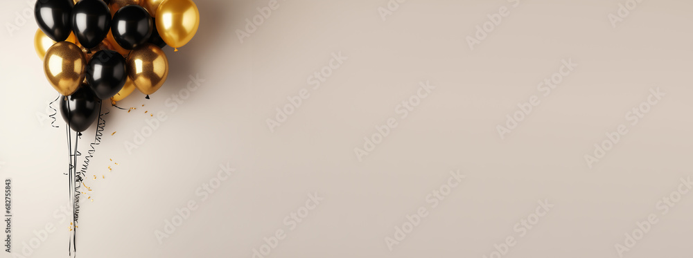 Event banner. Copy space for text. Black and gold balloons background for a celebration party. Event banner. Copy space for text. Black and gold balloons background for a celebration party.