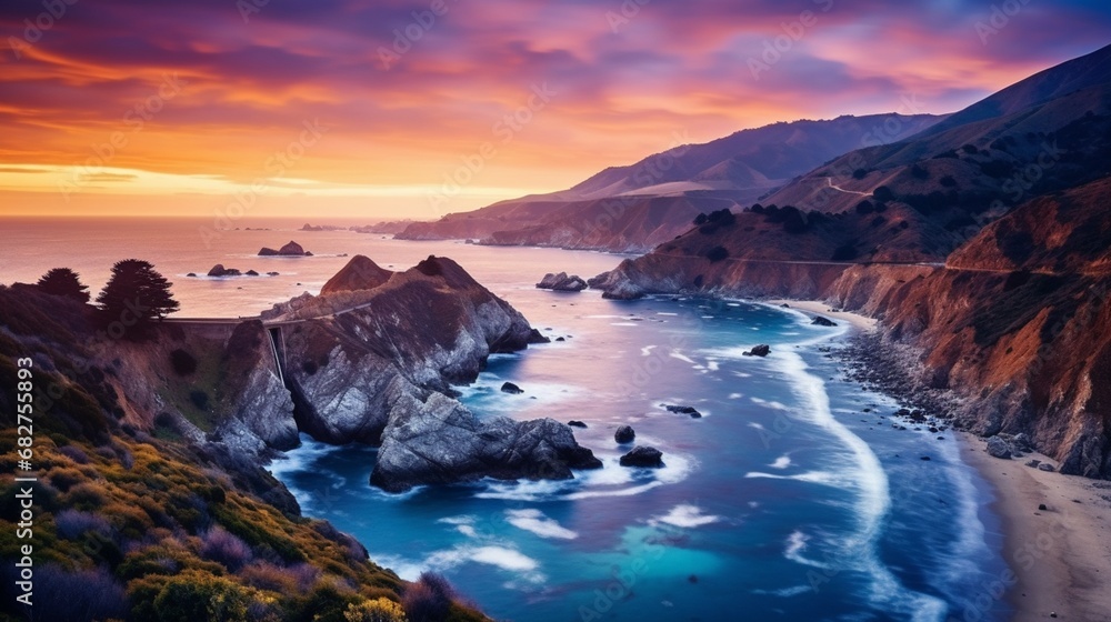 Dusk Delight: Scenic View of Big Sur Bathed in Twilight Beauty