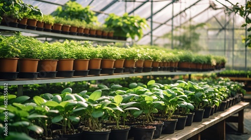 Detailed View of Potted Plants Thriving on Racks in a Greenhouse © Pretty Panda