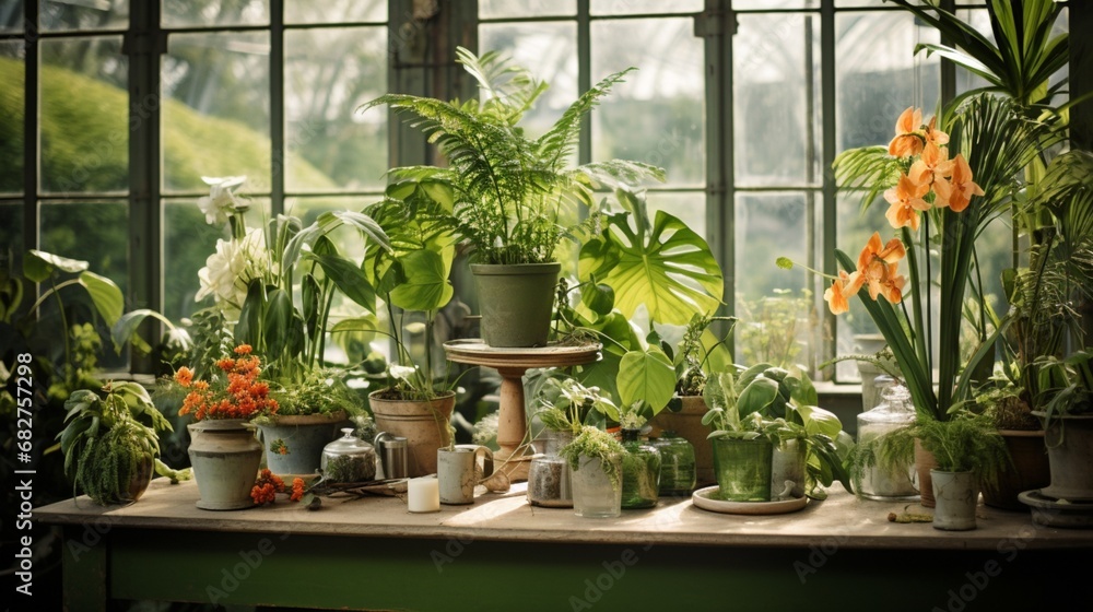 Indoor Arrangement: Greenhouse Plants on a Table