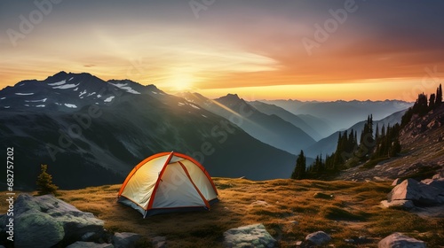 camping tent high in the mountains at sunset. Generative AI