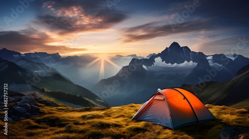 camping tent high in the mountains at sunset. Generative AI