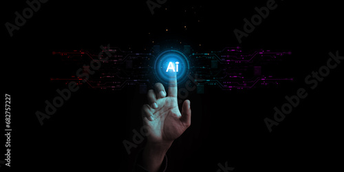 Chat with AI or Artificial Intelligence. Young businessman chatting with a smart AI or artificial intelligence using an artificial intelligence chatbot developed by OpenAI.