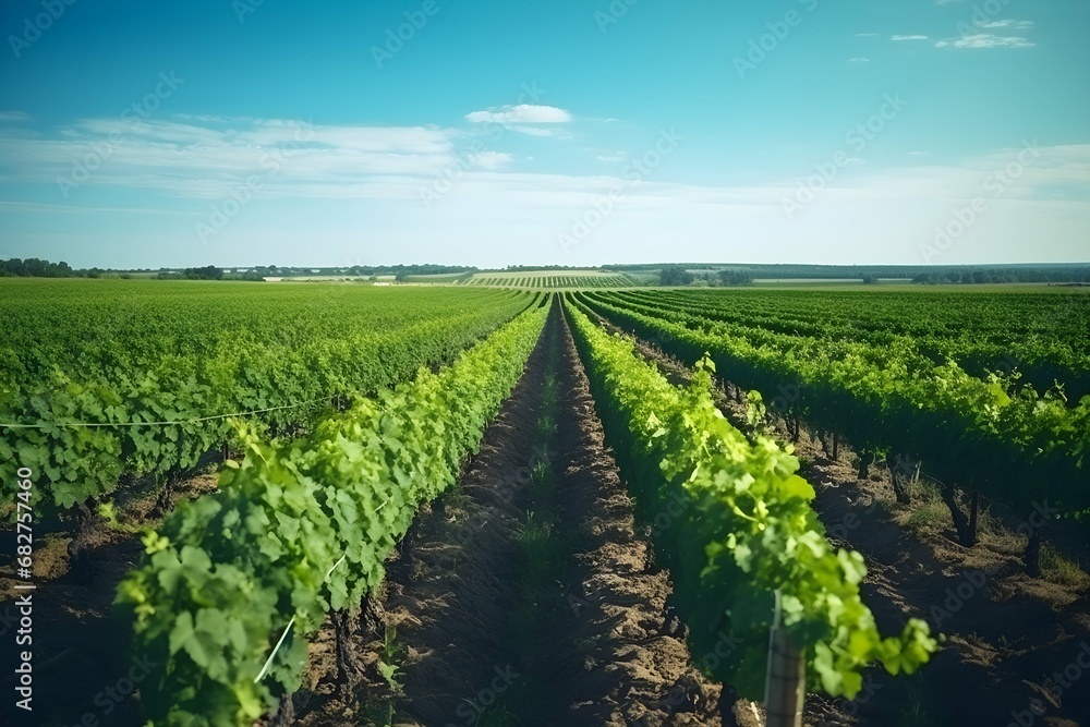 Green field with rows of vines for harvesting. Ripe grapes for the production of fine wines. Generative AI - obrazy, fototapety, plakaty 