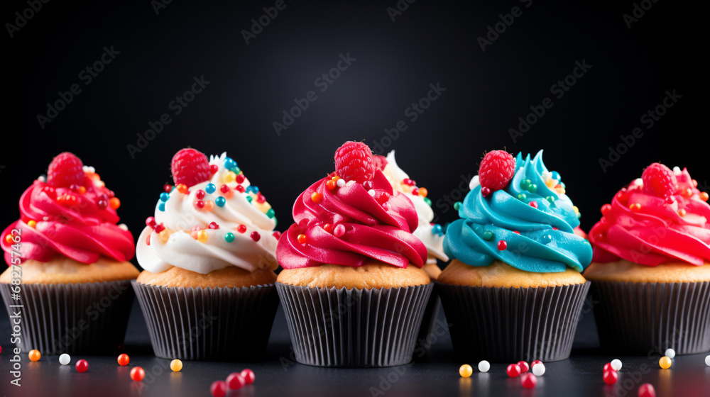 Colorful cupcake dessert pastry on dark background