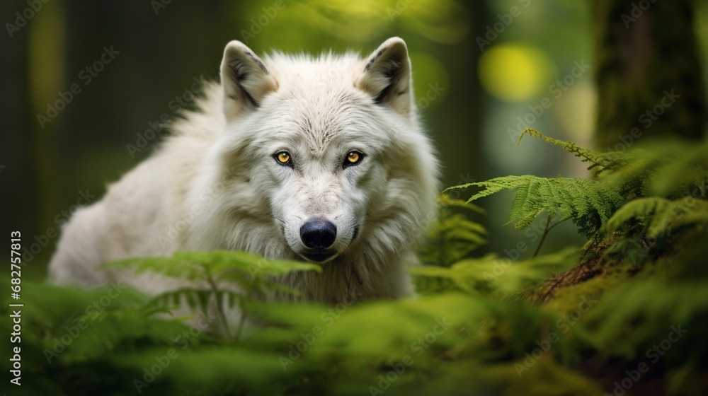 Majestic white wolf, focused gaze toward the camera, among the vibrant green foliage of a lush forest with a blurred background Majestic white wolf, focused gaze toward the camera, among the vibrant green foliage of a lush forest with a blurred background