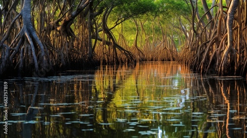 Mangrove Trees and their Reflections Mirrored in the Ocean