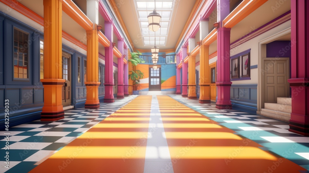 Navigate Through a Lively School Hallway Boasting a Striped Shiny Marble Floor
