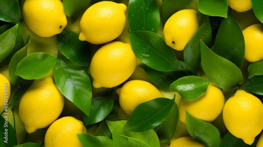 Background of fresh lemons with green leaves. Generative AI