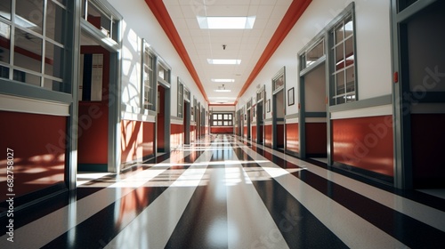 Navigate Through a Lively School Hallway Boasting a Striped Shiny Marble Floor