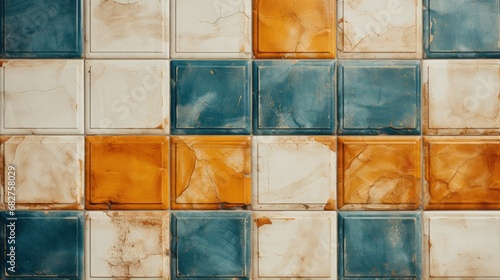 Aged Wall with Square Tiles in White, Blue, and Orange/Gold