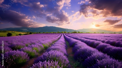 blooming lavender field at sunset. Generative AI