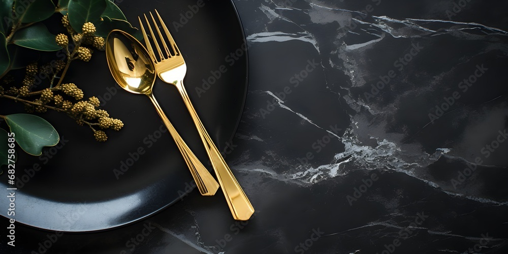 golden cutlery knife and fork on a black stone table, representing a table setting for Christmas or New Year, copy space. Generative AI - obrazy, fototapety, plakaty 