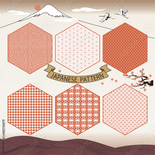 traditional Japanese pattern　
Chidori lattice, hemp leaf, cloisonne, crane, plum, Fujiyama, wave pattern, sunrise