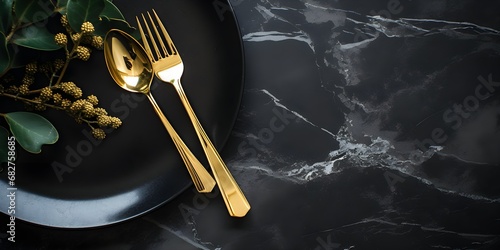 golden cutlery knife and fork on a black stone table, representing a table setting for Christmas or New Year, copy space. Generative AI photo