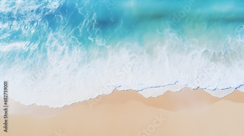  sand beach from above with light blue water wave and sun lights, summer vacation background. Generative AI