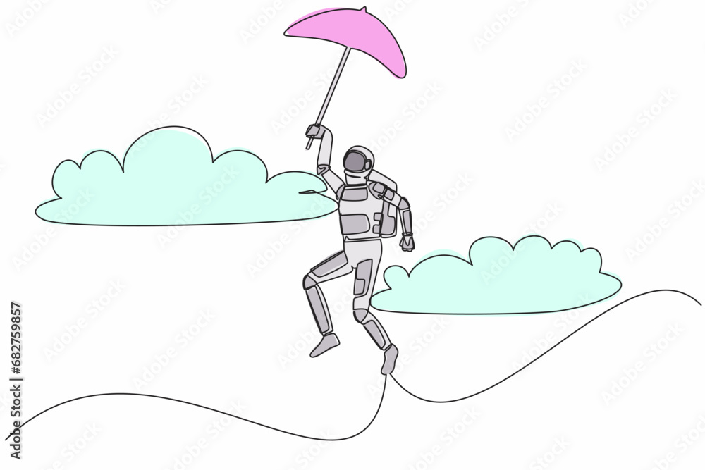 Single one line drawing young astronaut with umbrella through cloud. Reaches goal, target, find solution in moon spacewalk. Cosmic galaxy space. Continuous line draw graphic design vector illustration Single one line drawing young astronaut with umbrella through cloud. Reaches goal, target, find solution in moon spacewalk. Cosmic galaxy space. Continuous line draw graphic design vector illustration