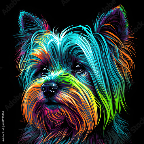 Yorkshire Terrier dog puppy in abstract, graphic highlighters lines rainbow ultra-bright neon artistic portrait, commercial, editorial advertisement, surrealism. Isolated on dark background 