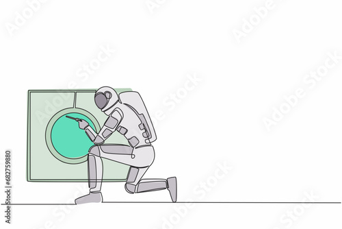 Single continuous line drawing of young astronaut fixing washing machine at home in moon surface. Future space technology development. Cosmonaut deep space. One line graphic design vector illustration