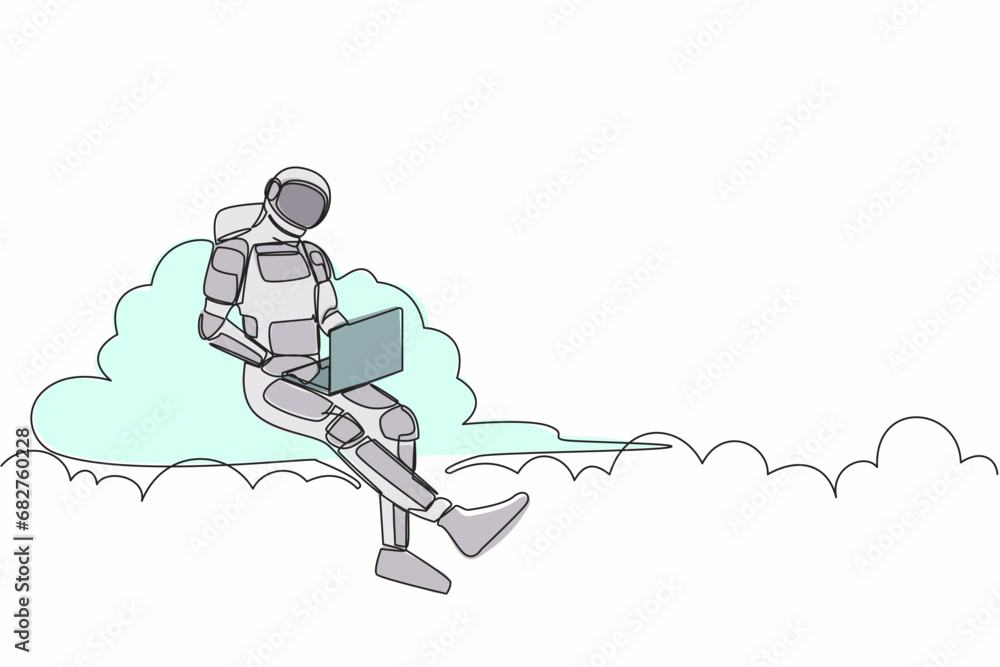 Continuous one line drawing astronaut sitting on cloud in sky and working with laptop. Wireless internet connection in space control. Cosmonaut outer space. Single line draw design vector illustration Continuous one line drawing astronaut sitting on cloud in sky and working with laptop. Wireless internet connection in space control. Cosmonaut outer space. Single line draw design vector illustration