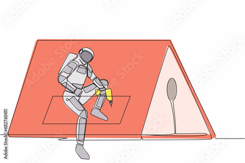 Single one line drawing of astronaut roofer installing wooden or bitumen shingle at home in moon surface. Ability to repair operating system. Cosmic galaxy space. Continuous line graphic design vector