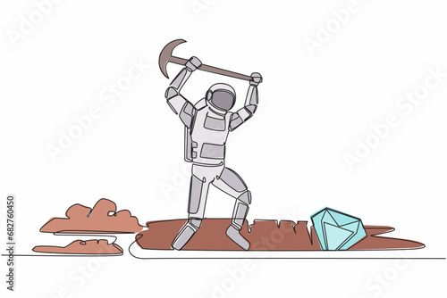 Single continuous line drawing of young astronaut in moon hole prancing while lifting pickaxe with hands. Spaceman mining for diamond. Cosmonaut deep space. One line graphic design vector illustration