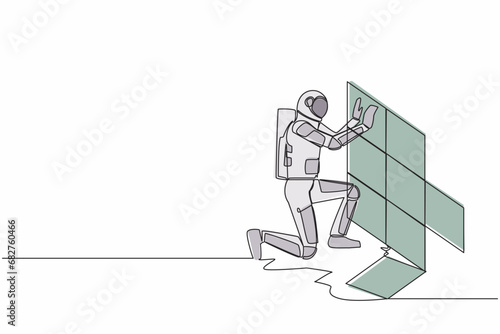 Single one line drawing astronaut laying ceramic wall tile at home in moon surface. Spaceman ability to repair operating system. Cosmic galaxy space. Continuous line graphic design vector illustration