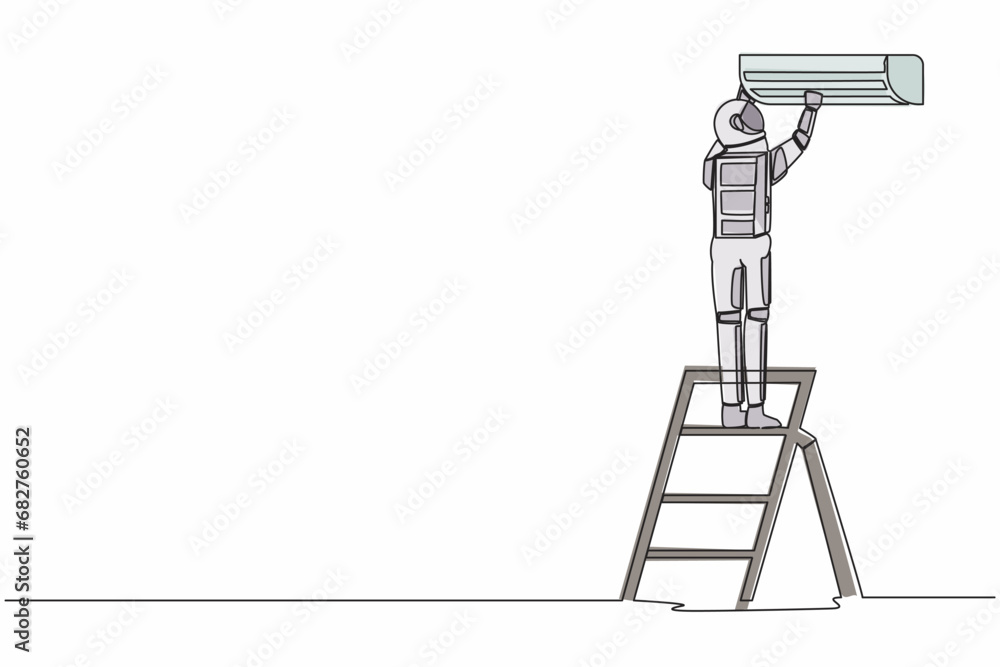 Foto Continuous one line drawing of young astronaut technician repairing air conditioner