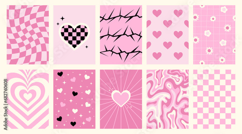 Set of y2k pink posters with hearts, thorns, flowers, checkered and psychedelic patterns. Glamour backgrounds for card, banner design. Girly vector templates. Trendy covers in pastel colors.
